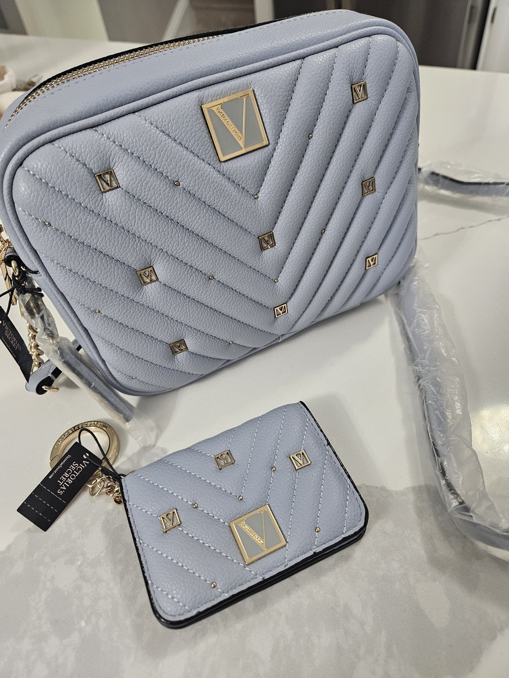 Victorta Secret Light Blue Quilted Crossbody Bag with Card Case